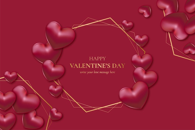 Happy valentine's day golden frame with realistic hearts