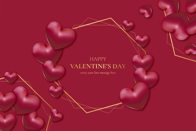 Happy Valentine's Day Golden Frame with Realistic Hearts