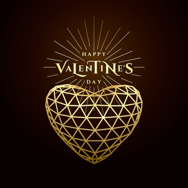 Free vector happy valentine's day, golden greeting typography text. triangle line grid gold heart isolated