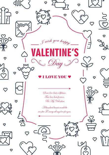 Happy valentine's day greeting card with love confession and romantic elements on white background flat illustration