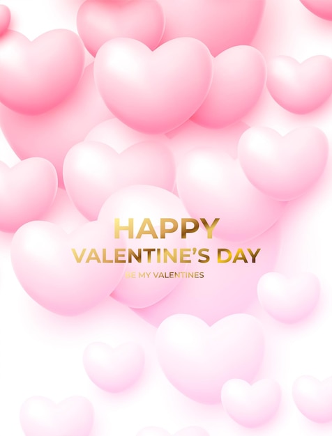 Free vector happy valentine's day poster with pink and white flying balloons with golden lettering