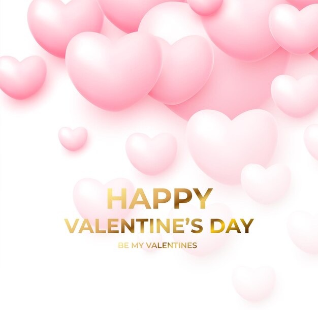 happy Valentine's Day  with pink and white flying balloons with golden lettering