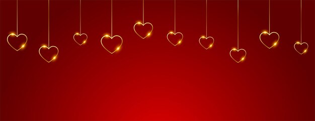 Happy valentines day banner with hanging golden hearts