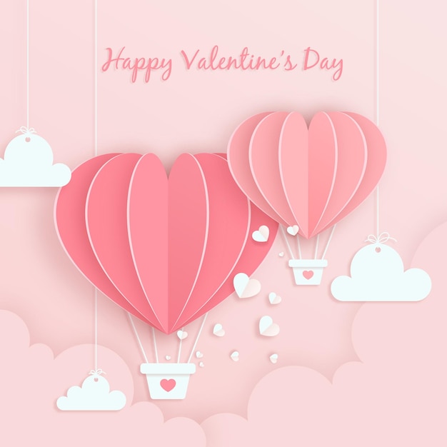 Happy valentines day card with Valentine hot-air balloon Heart in Paper style