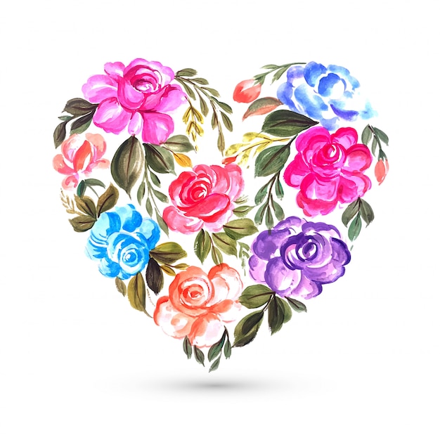 Happy Valentines day colorful flower greeting card with heart