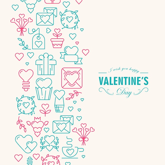 Happy valentines day decorative card with wishes be happy and many symbols rose and green  colored such as heart, ribbon, envelope illustration