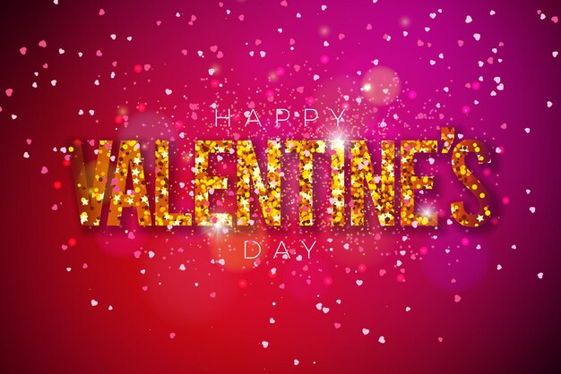 Free vector happy valentines day design with gold glittered typography letter and falling heart shape confetti