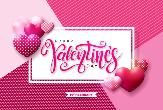 분홍색 배경에 빨간색과 흰색 하트와 타이포그래피 문자가 있는 해피 발렌타인 데이 디자인
