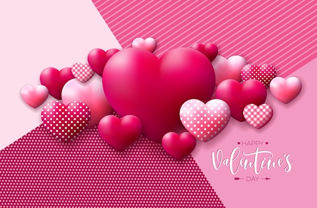 Free vector happy valentines day design with red and white pattern heart and typography on pink background