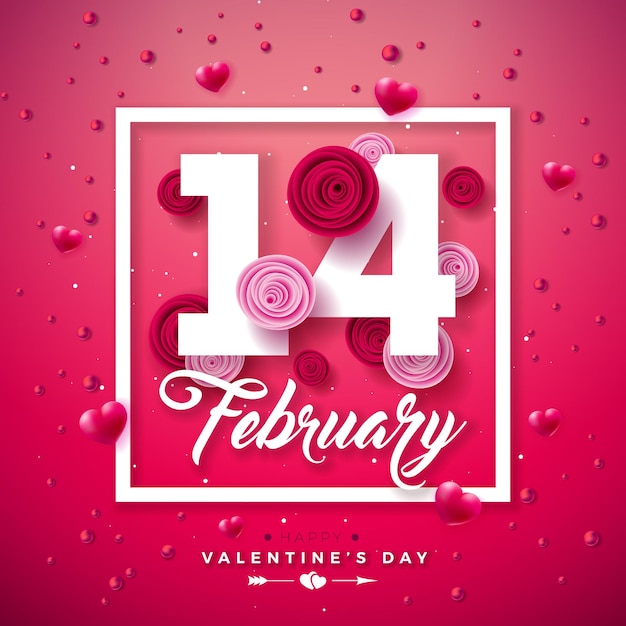 Buon san valentino design con cuore di fiori di rosa e lettera del 14 febbraio su sfondo rosa chiaro