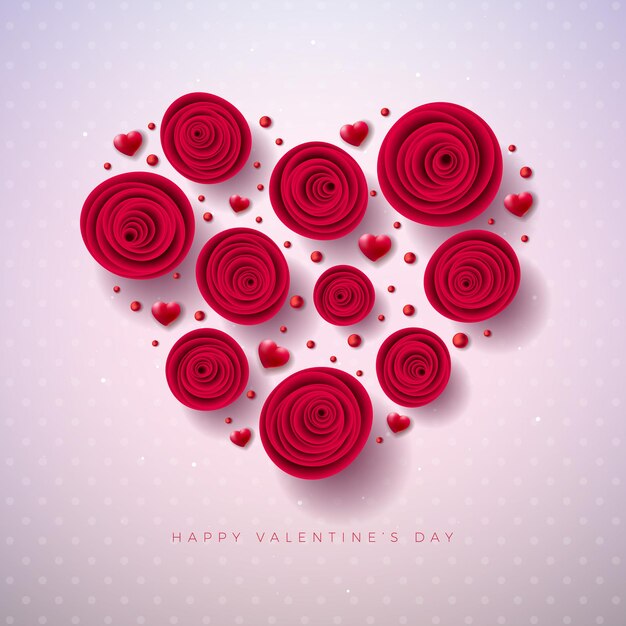 Happy Valentines Day Design with Roses Flower in a Heart Shape and Handwriting Typography Letter