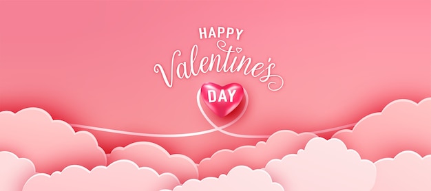 Happy valentines day greeting banner in papercut realistic style. Paper clouds and realistic heart in love line.  Calligraphy text sign