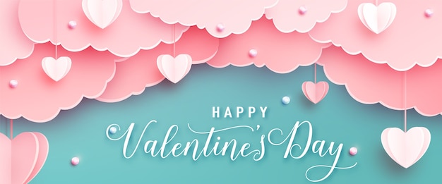 Happy valentines day greeting banner in papercut realistic style. Paper hearts, clouds and pearls on string. Calligraphy text