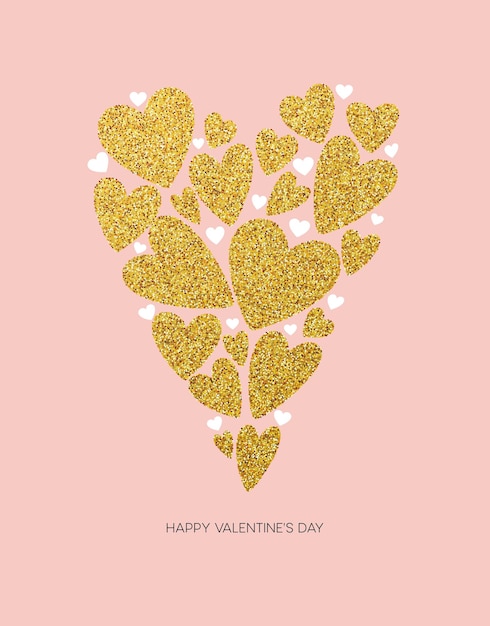 Happy valentines day love greeting card with white low poly style heart shape in golden glitter background. Vector illustration EPS10