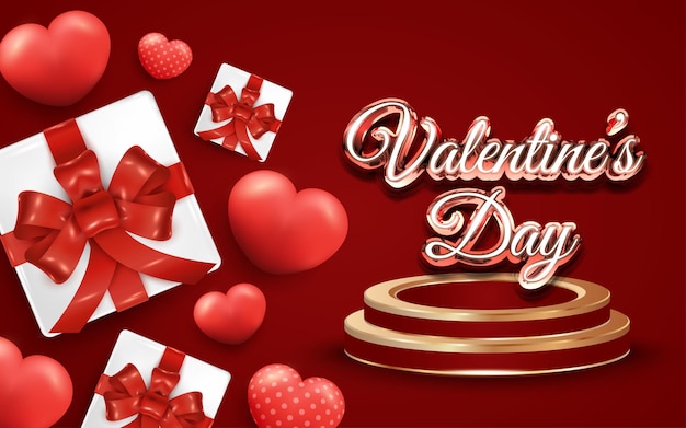 Happy valentines day on podium with gift box and realistic hearts