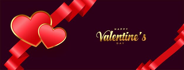 Happy valentines day premium banner with ribbon and hearts