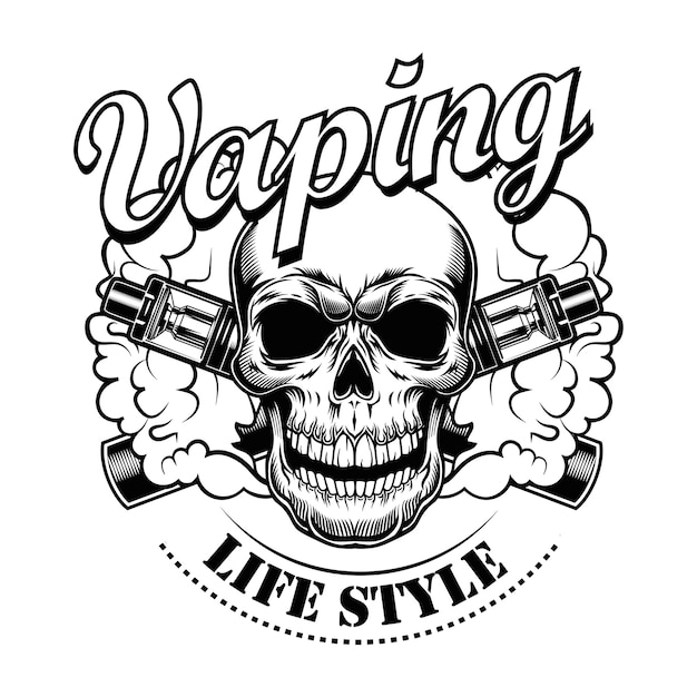 Vettore gratuito felice vaping cranio illustrazione vettoriale. personaggio dei cartoni animati monocromatico con sigarette elettroniche e vapore, testo di stile di vita