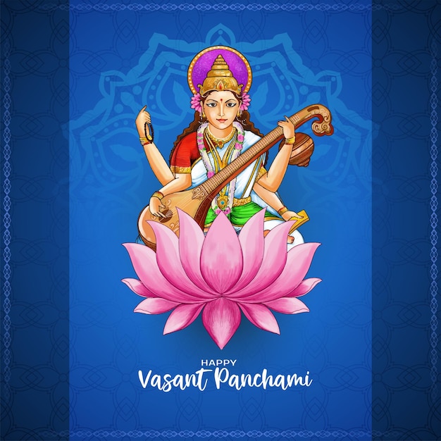 Happy vasant panchami festival celebration card with goddess saraswati illustration