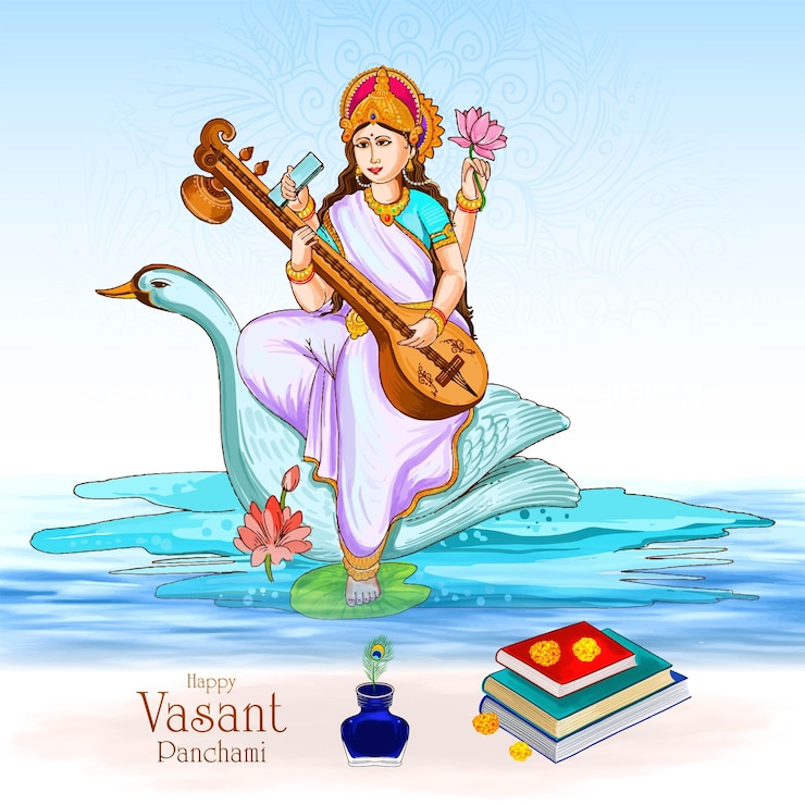 Free Vector happy vasant panchami hindu festival with goddess saraswati
