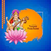 Free vector happy vasant panchami hindu religious festival with goddess saraswati illustration