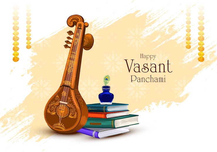मुफ़्त वेक्टर वीणा चित्रण बैकग्राउंड के साथ वसंत पंचमी भारतीय त्योहार कार्ड की शुभकामनाएँ