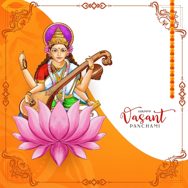 Free vector happy vasant panchami religious festival with goddess saraswati illustration