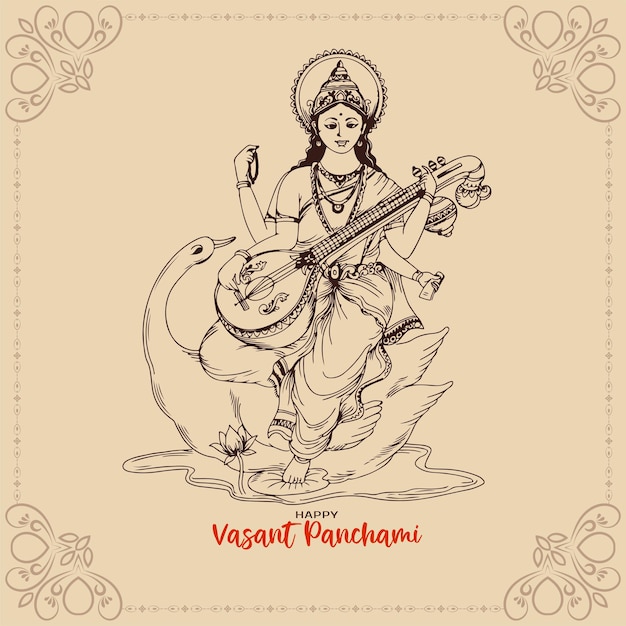 Счастливый религиозный праздник васант панчами с иллюстрацией богини сарасвати