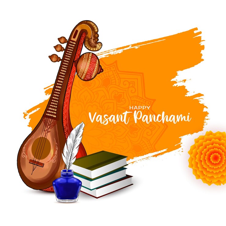 मुफ़्त वेक्टर happy vasant panchami traditional indian festival artistic greeting card with veena