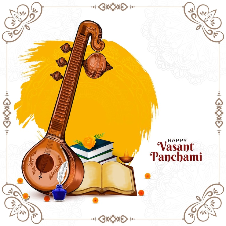 मुफ़्त वेक्टर happy vasant panchami traditional indian festival celebration card with veena