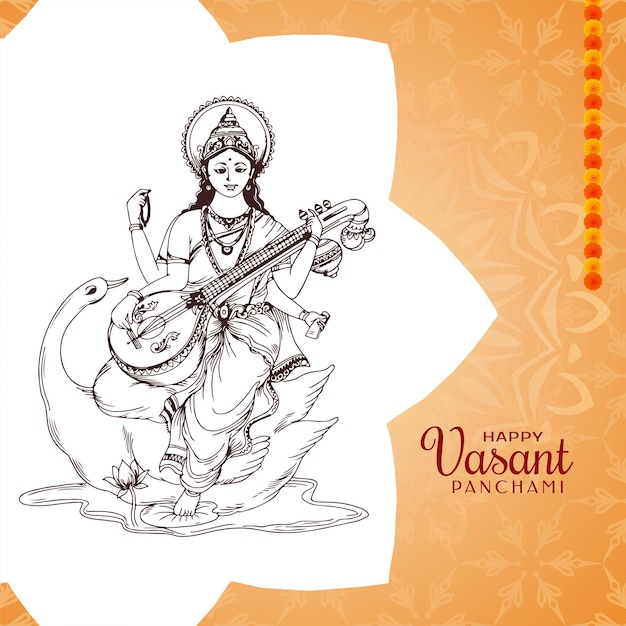 Free vector happy vasant panchami traditional indian festival with goddess saraswati illustration