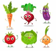 Free vector happy vegetable cartoon characters vector illustrations set. cute veggies with faces, hands and legs, onion, beet, carrot, cabbage, tomato isolated on white background. healthy food, garden concept