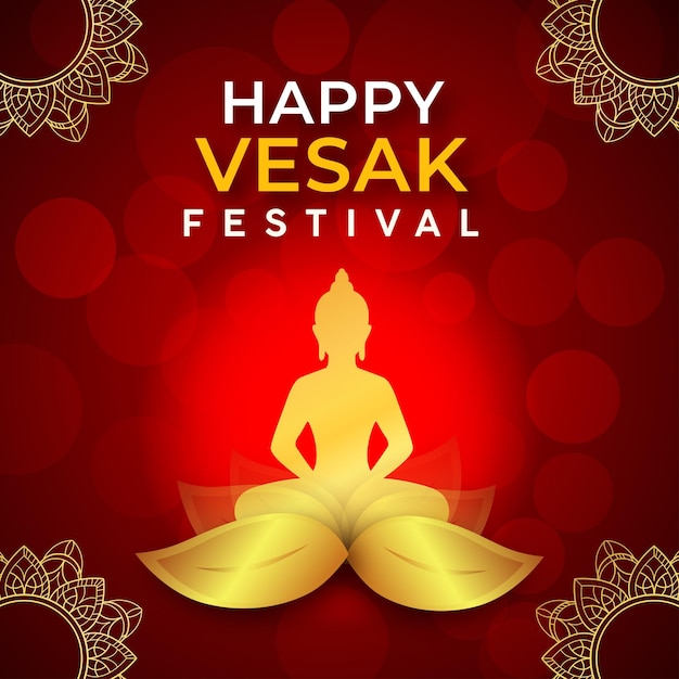 Free vector happy vesak greetings red golden background social media design banner free vector