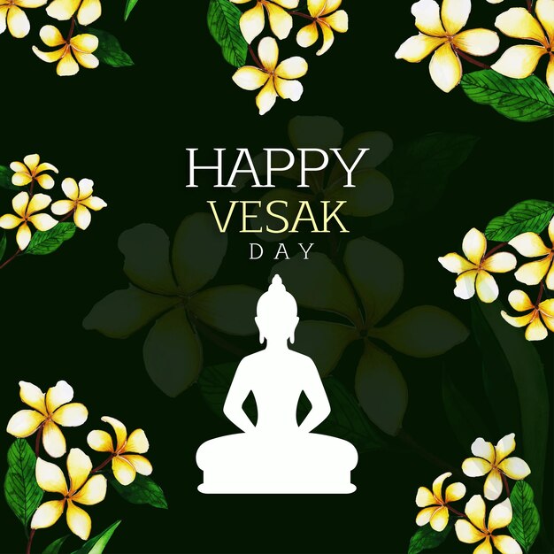 Happy Vesak Greetings Yellow Flowers Green White Background Social Media Design Banner Free Vector