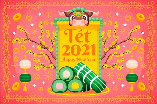 Happy vietnamese lunar new year with tet cake Free Vector