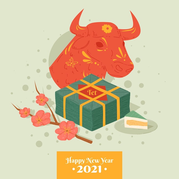 無料ベクター 幸せなベトナムの新年2021年と雄牛
