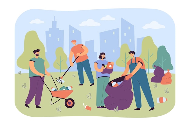 Volontari felici che puliscono il parco della città dall'illustrazione piana isolata immondizia
