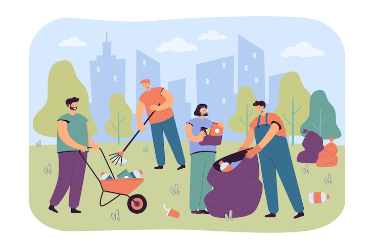Free Vector happy volunteers cleaning city park from garbage isolated flat illustration