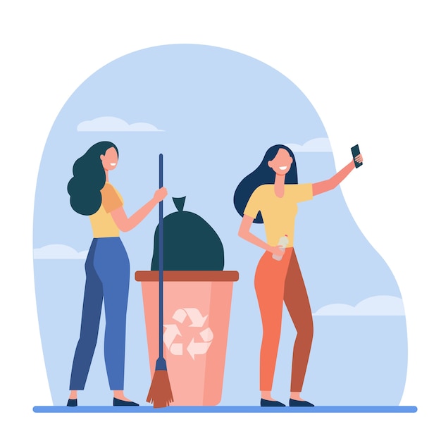 Free vector happy volunteers picking garbage and taking selfie. women with broom, trash bin, recycling flat vector illustration. waste reducing, volunteering