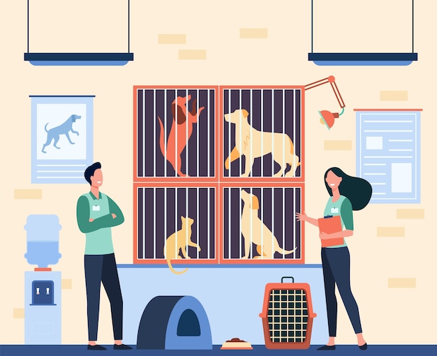 Free vector happy volunteers with badges working in animal shelter, taking care about homeless cats and dogs in cages. vector illustration for adopting pet, animal care concept
