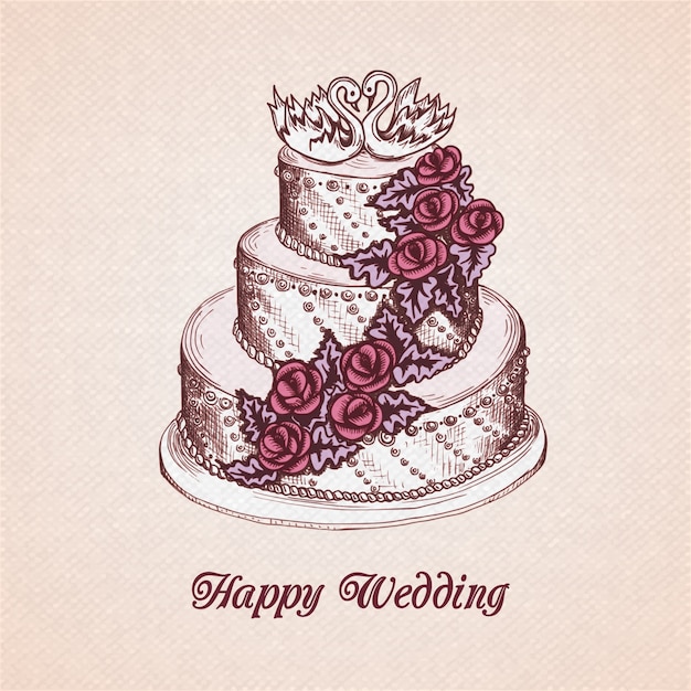 Free vector happy wedding greeting card with cake decorated with cream flower garland and swans vector illustration