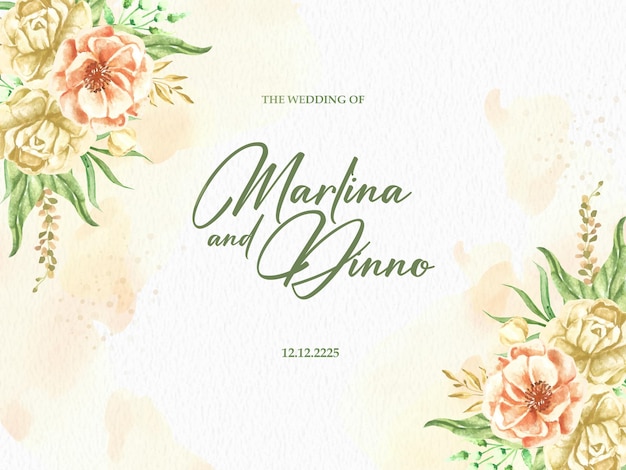 Free vector happy wedding invitation with splash and flowers watercolor arrangement