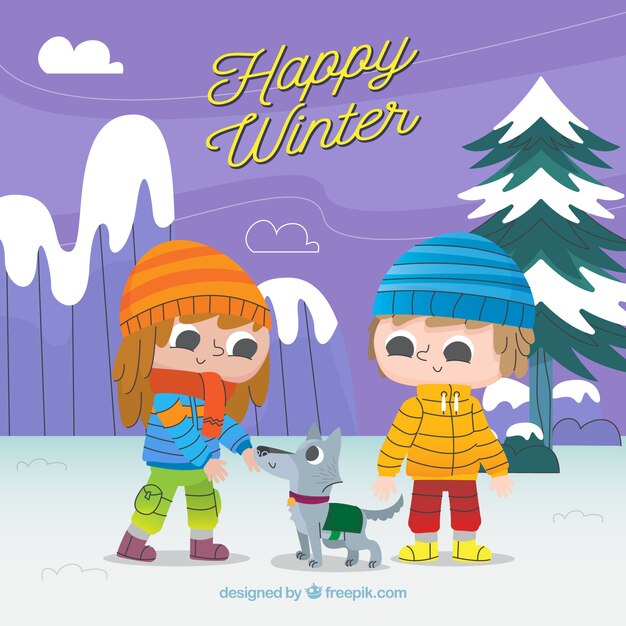 かわいい子供と犬と幸せな冬の背景