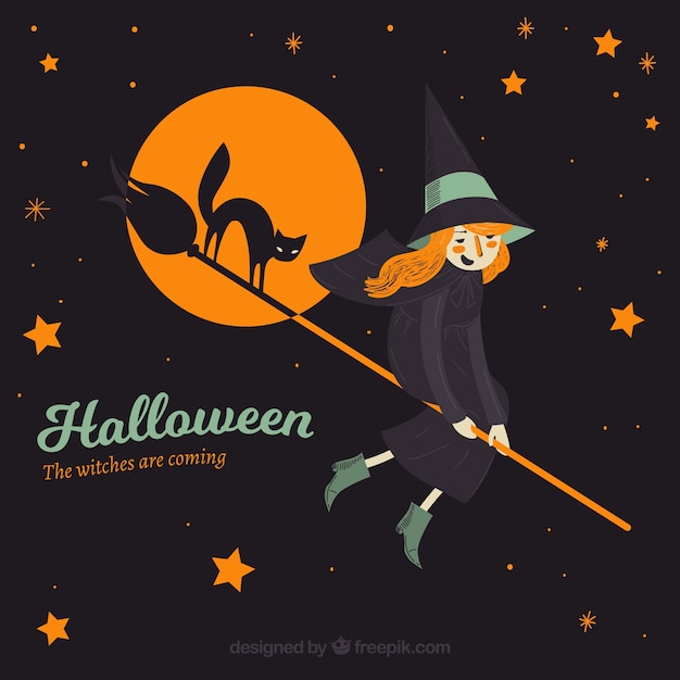 Free vector happy witch flying with her broom