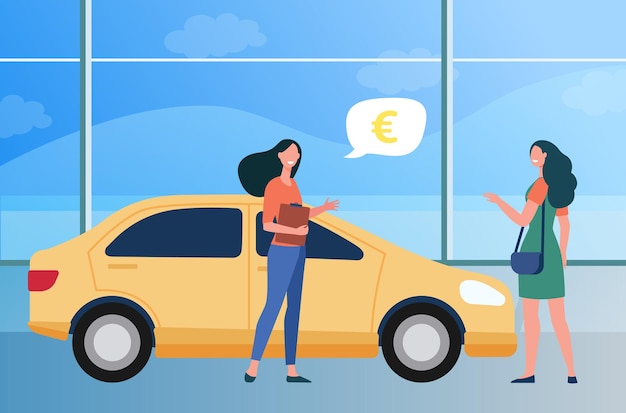 Free vector happy woman buying new car in automobile store