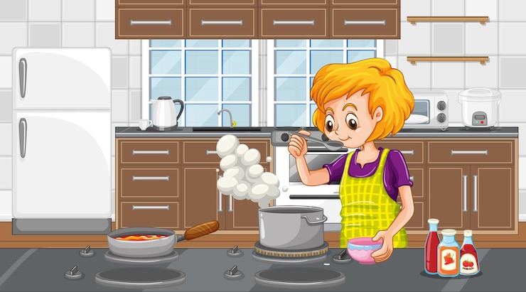 Free Vector a happy woman cooking in the kitchen scene