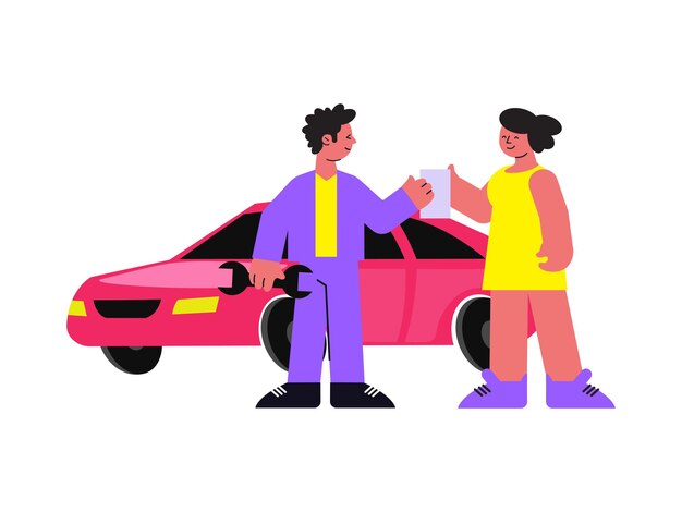 happy woman driver talking to mechanic flat