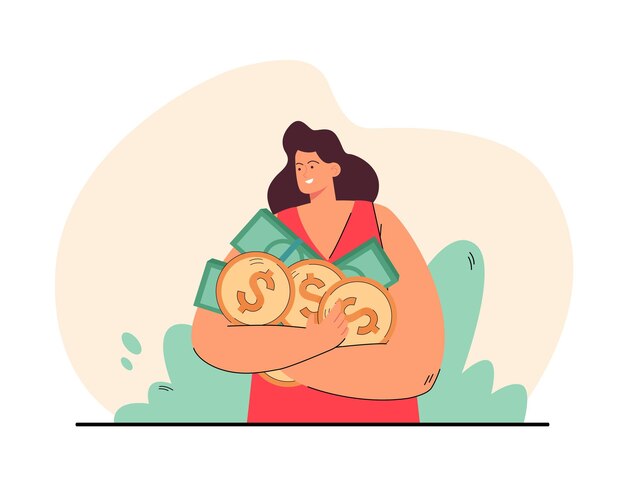Happy woman holding coins and banknotes in hands. Cartoon female person on pink background flat illustration