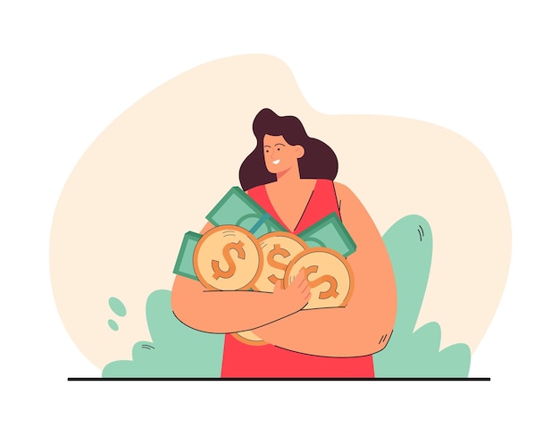 Счастливая женщина, держащая в руках монеты и банкноты. Мультяшный женский персонаж на розовом фоне плоской иллюстрации