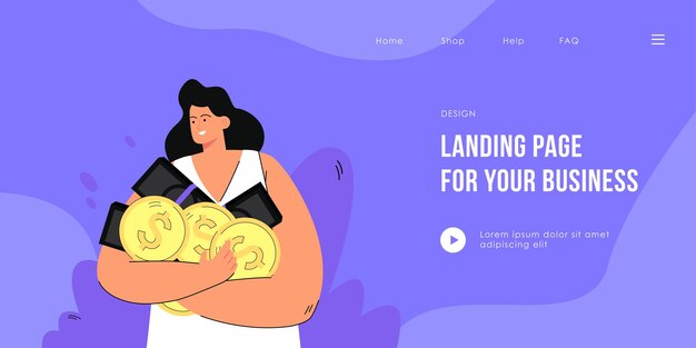Happy woman holding coins and banknotes in hands landing page template