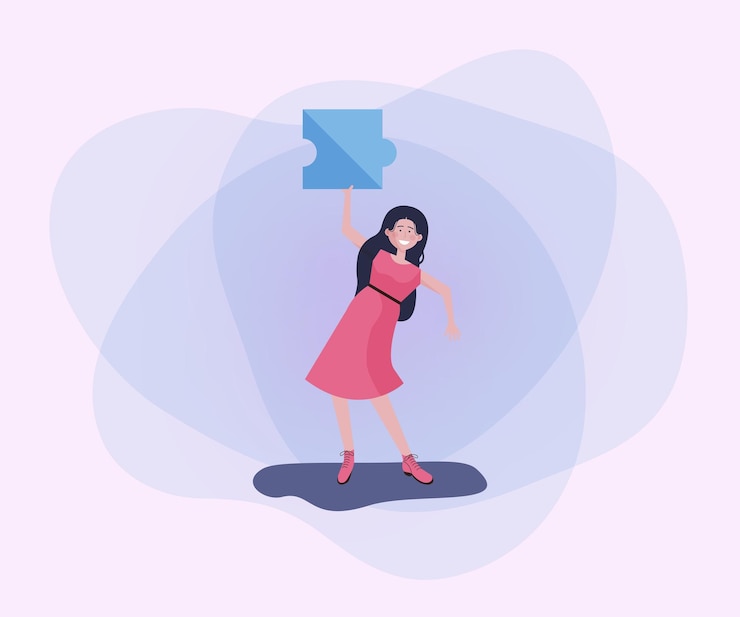 Free Vector happy woman holding puzzle piece